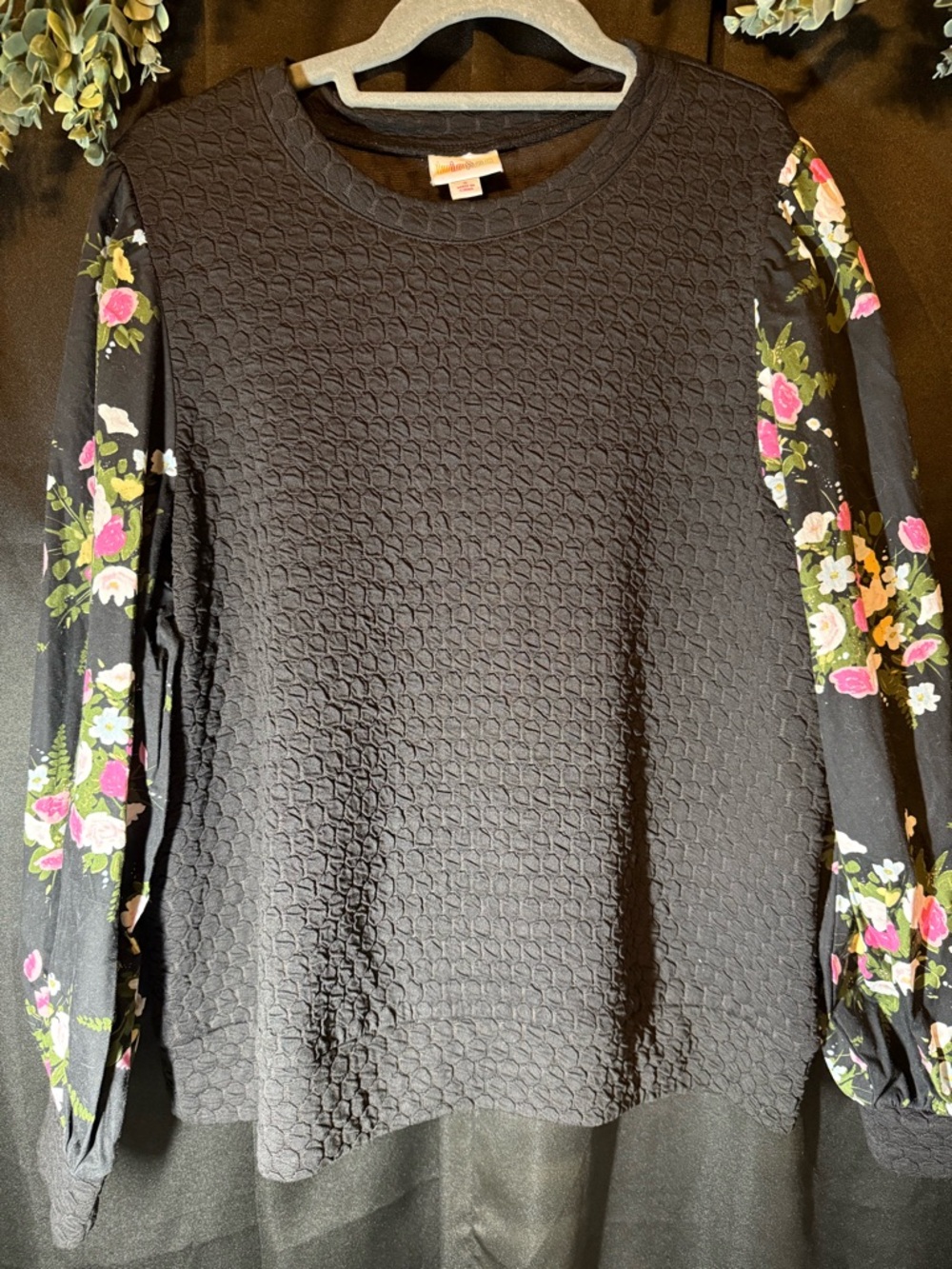 LuLaRoe Black Textured Blouse with Floral Sleeves